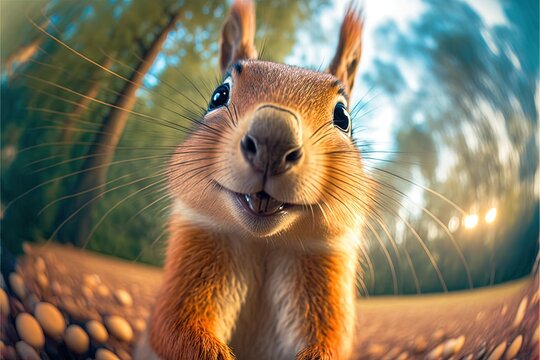  a squirrel is smiling and standing in front of a mirror with its mouth open and eyes wide open, with trees in the background, and a blue sky with white clouds and blue sky. Generative AI