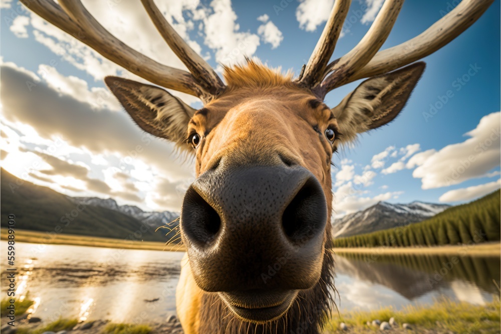 Poster  a deer with large horns standing in front of a lake and mountains with clouds in the sky above it, looking at the camera with a wide angle of its head and a wide angle. Generative AI