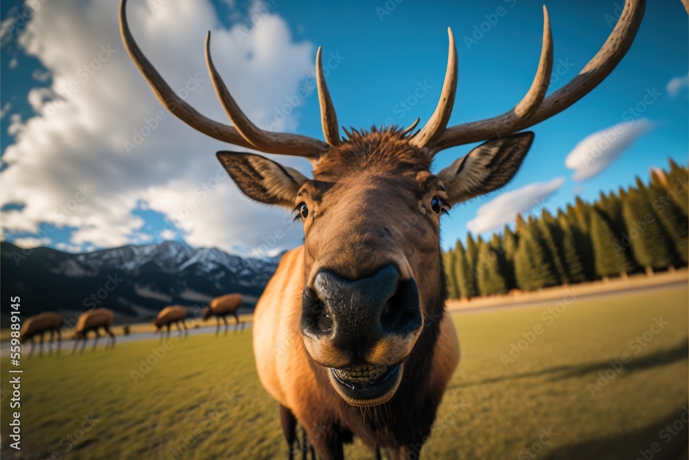 Poster  a deer with large horns standing in a field with other animals in the background and a sky with clouds and blue sky with white clouds and a few clouds, with a few, with a. Generative AI