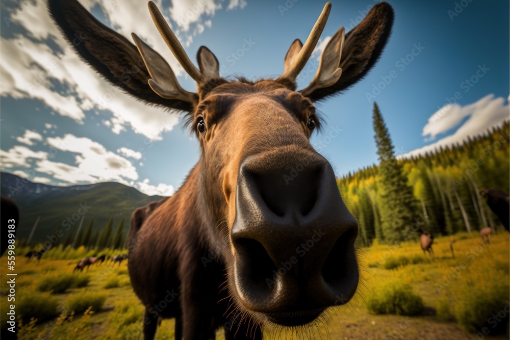 Poster  a close up of a moose's face with a sky background and trees in the background with clouds in the sky and a few clouds in the sky with a few clouds and a few. Generative AI