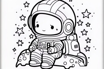 Cute astronaut coloring sheet for kids perched on a star. Generative AI
