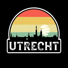 Utrecht Netherlands Skyline Silhouette Retro Vintage Sunset Utrecht Lover Travel Souvenir Sticker Vector Illustration SVG EPS