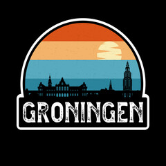 Fototapeta na wymiar Groningen Netherlands Skyline Silhouette Retro Vintage Sunset Groningen Lover Travel Souvenir Sticker Vector Illustration SVG EPS