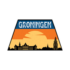 Groningen Netherlands Skyline Silhouette Retro Vintage Sunset Groningen Lover Travel Souvenir Sticker Vector Illustration SVG EPS - obrazy, fototapety, plakaty