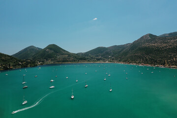Obraz premium Popular Tourist destination. Bay with boats on Lefkada island. Nydri village.