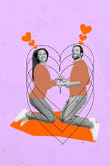 Vertical collage picture of two cheerful black white gamma people jumping hold arms drawing heart isolated on purple background