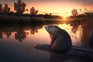  a beaver sitting on a log in the water at sunset with the sun setting in the background and a lake reflecting the water and reeds in the foreground, with reeds,. Generative AI - obrazy, fototapety, plakaty