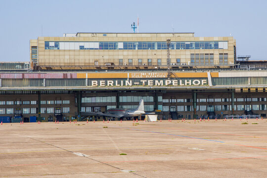 Tempelhof Feld airport terminal and apron with a now disused DC10, Berlin, Germany