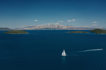 Popular Tourist destination. Bay with boat on Lefkada island. Nydri village.