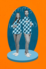 Vertical collage illustration of two positive successful black white gamma people crossed arms...