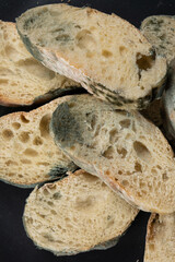 Mold on bread on a black background close-up. The danger of mold, stale products.