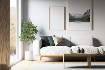 Interior design mockup of a living room with a white sofa, natural hardwood furniture, and modern home decor. Generative AI