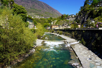 Beautiful view of Mallero Adda river in Sondrio, Valtellina, Italy