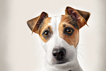 Scottish humorous cat portrait A Jack Russell Terrier's head is straight on and is shown on a white backdrop. Generative AI