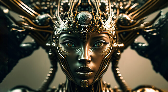 Portrait of a female cyborg robot. a humanoid cyber girl with a neural network thinks. Cybernetics mind analysis data. Neuron network processes information. concept art	