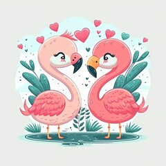  illustration cute clip art child-like design, adorable flamingo couple