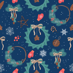 Fototapeta na wymiar Seamless pattern with Christmas icons and decorations. Vector hand drawn illustrations 