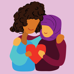 lesbian couple in love. Saint Valentine's day vector illustration. Women hugging flat simple style. African and muslim women