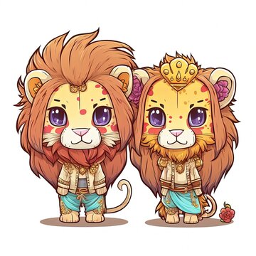  illustration cute clip art child-like design, adorable lion and lioness couple in fancy costume