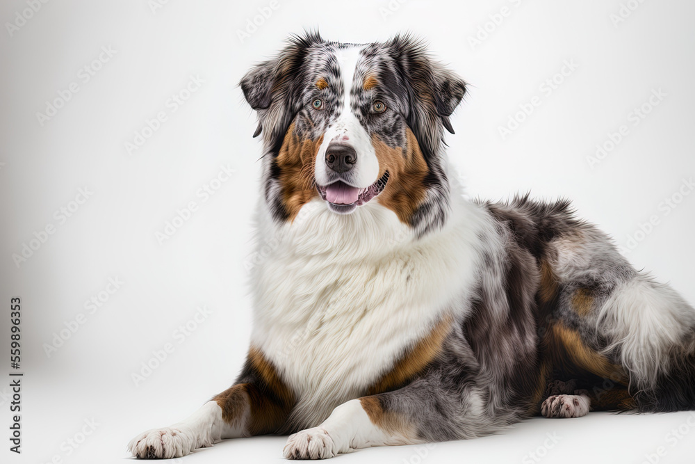 Wall mural A large, contented Australian Shepherd dog is posed alone against a white backdrop. Generative AI