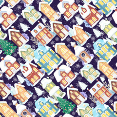 Cute little houses on winter streets of the small town. Seamless pattern with  Digital hand drawn illustrations