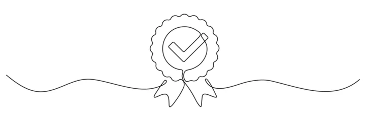 Voilages Une ligne Award badge continuous line art drawn. Approval check sign. Certificate contour line. Vector illustration isolated on white.