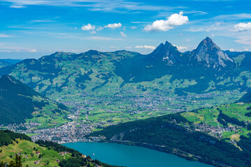 Naklejka na ściany i meble Switzerland 2022, Beautiful view of the Alps from Niederbauen. Schwyz and Mythens.