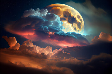 Colorful Cloudy Night Sky with Moon - AI Generated