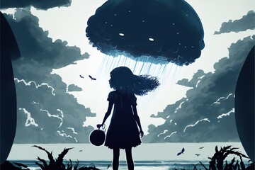 A girl looks at a giant flying jellyfish