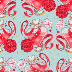 Love potion and red rose. Seamless pattern with romantic theme hand drawn digital illustrations and golden accents