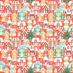 Fototapeta na wymiar Victorian winter houses on red background. Ornament from digital hand drawn illustrations. Seamless pattern