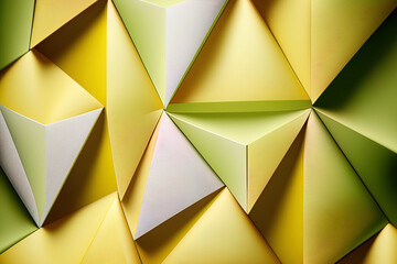 Triangle with a light green and yellow fuzzy backdrop. gradient colored geometric backdrop in the origami style. Generative AI
