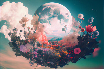 Surreal Moon Skyscape in the Clouds, flowers and nature