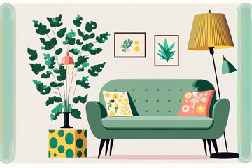Home interior design in the retro 1950s style with a sofa, throw pillows, wall art, house plant, and floor lamp. Stylish living area with couch, art, and furnishings. flat image set on a white