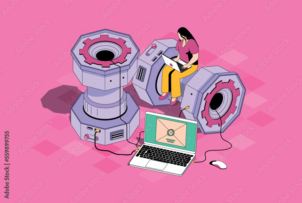 Poster Development and engineering concept in 3d isometric design. Woman developing software and prototyping, working at technical projects. Vector isometry illustration with people scene for web graphic