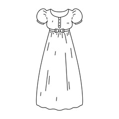 Old fashioned dress in hand drawn doodle style. Sketch doodle style, ink pen drawing, isolated black on white background.