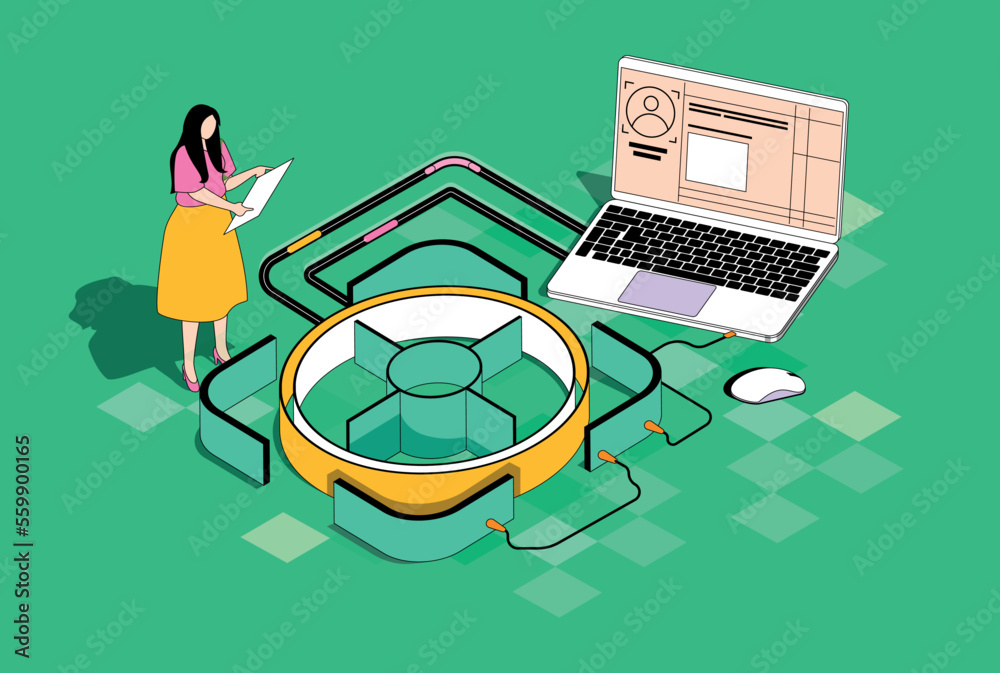 Leinwandbilder focus group concept in 3d isometric design. woman doing market and consumer research, analyze data a