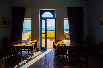 Some View of tables  and   balcony of Casa Cuseni villa   and mount Etna  and coastline of...