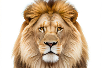 Fototapeta premium Generative AI Illustration of a lion closeup isolated on white background. Portrait of the king of animals with neutral face expression.