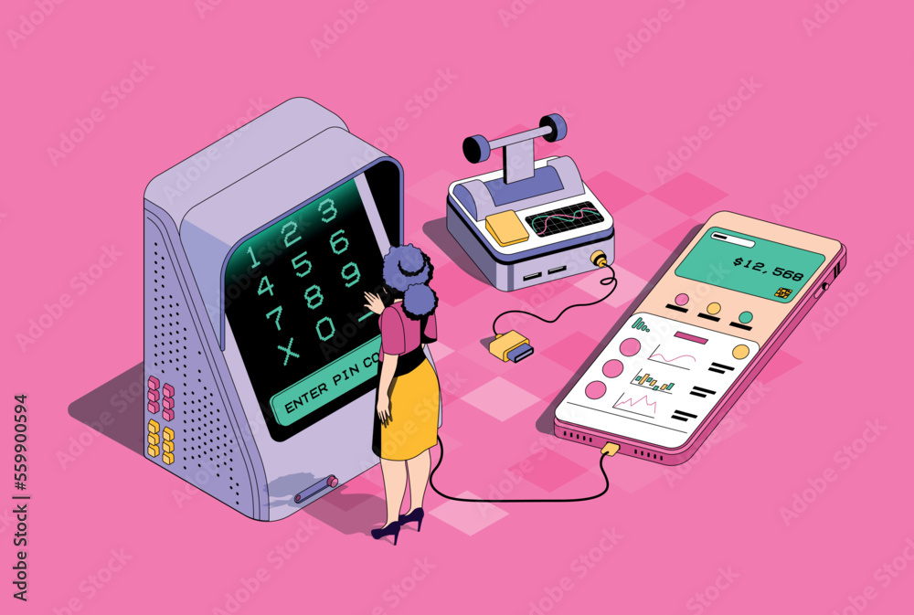 Aufkleber mobile banking concept in 3d isometric design. woman manage personal finances, making money transfer