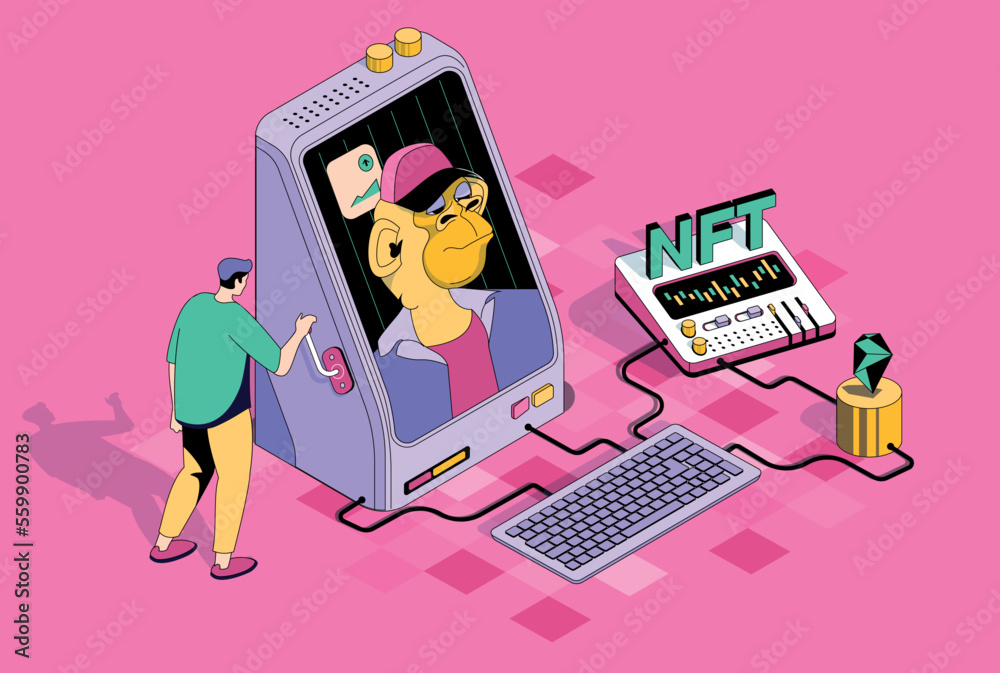Poster nft technology concept in 3d isometric design. man buying digital artworks with unique non-fungible 