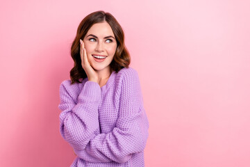 Fototapeta premium Photo of adorable lovely lady wear trendy violet winter sweater interested look empty space discounts isolated on pink color background