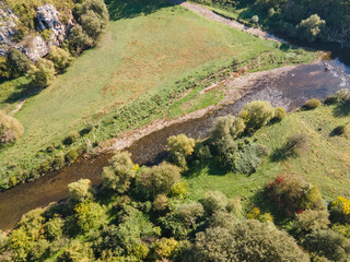 Aerial view of Vit river, passing near village of Aglen, Bulgaria