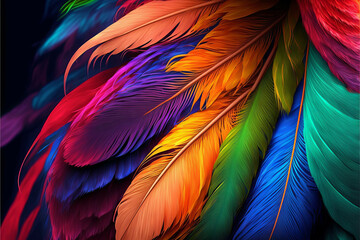 Generative AI Illustration of creative colorful bird feathers flock background. Vivid backdrop, digital painting.. - 559901730