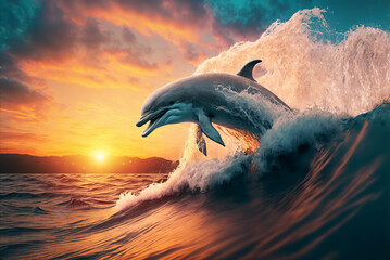 Generative AI Illustration of a beautiful dolphin jumping in orange sunset. Ocean wave background digital art.. - 559901774