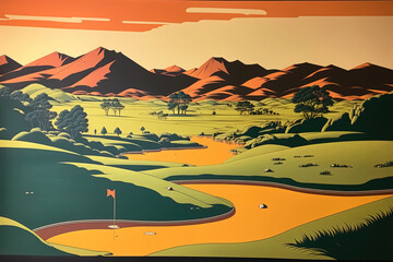 Banner in large format, cropped to an amazing orange color with a golf course, pond, and hills in the backdrop. Generative AI