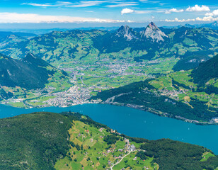Switzerland 2022, Beautiful view of the Alps from Niederbauen. Morschach and Fronalpstock.