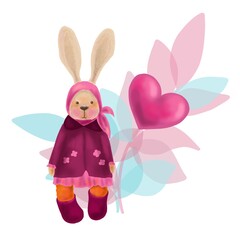 easter bunny girl. hare girl in a pink dress. Pink heart. against the background of leaves