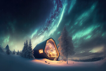 Naklejka premium Northern lights at the edge of the north. A small house in the forest with a view of the bright northern lights. Winter night forest landscape, neon light, sunset, glow. AI