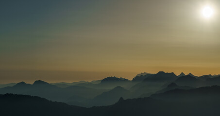 Switzerland 2022, Beautiful view of the Alps. Yellow sunset from Fronalpstock.